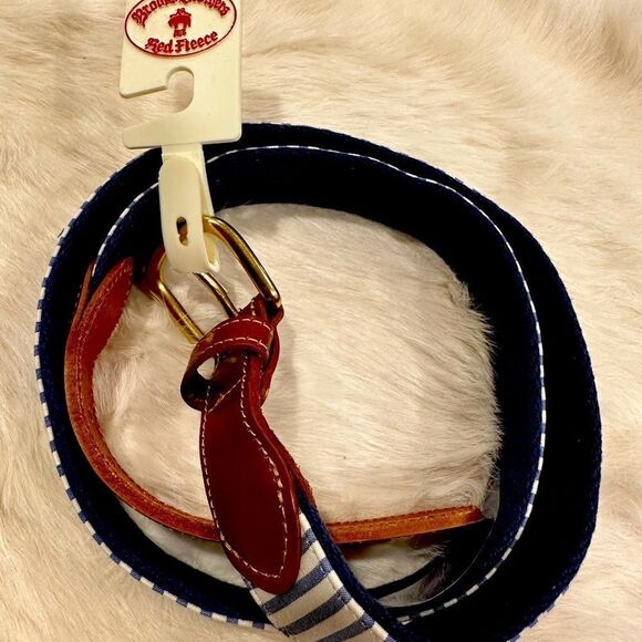 Brooks Brothers Red Fleece size 32 Belt Cotton Leather Stripe Blue - Picture 2 of 4